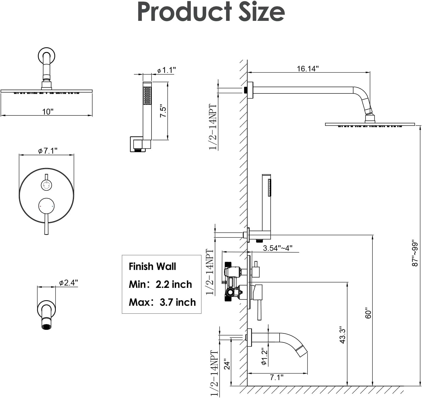 Bathtub Shower Faucet Set, Tub Shower System with 3-Way Shower Valve, High Pressure 10" Rain Shower Head with Handheld Spray Combo, Wall Mounted Rainfall Shower Head Set, Brushed Nickel