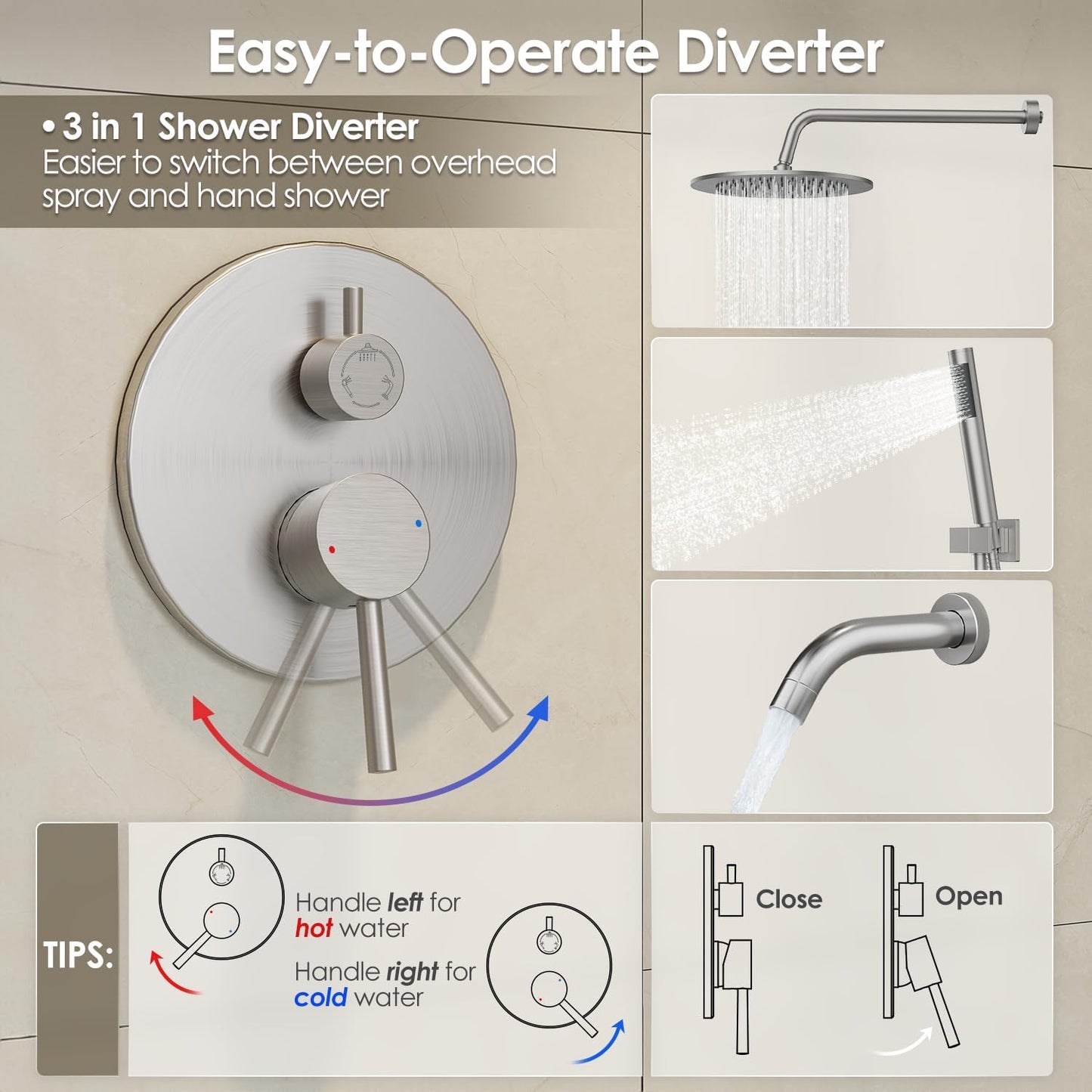 Bathtub Shower Faucet Set, Tub Shower System with 3-Way Shower Valve, High Pressure 10" Rain Shower Head with Handheld Spray Combo, Wall Mounted Rainfall Shower Head Set, Brushed Nickel