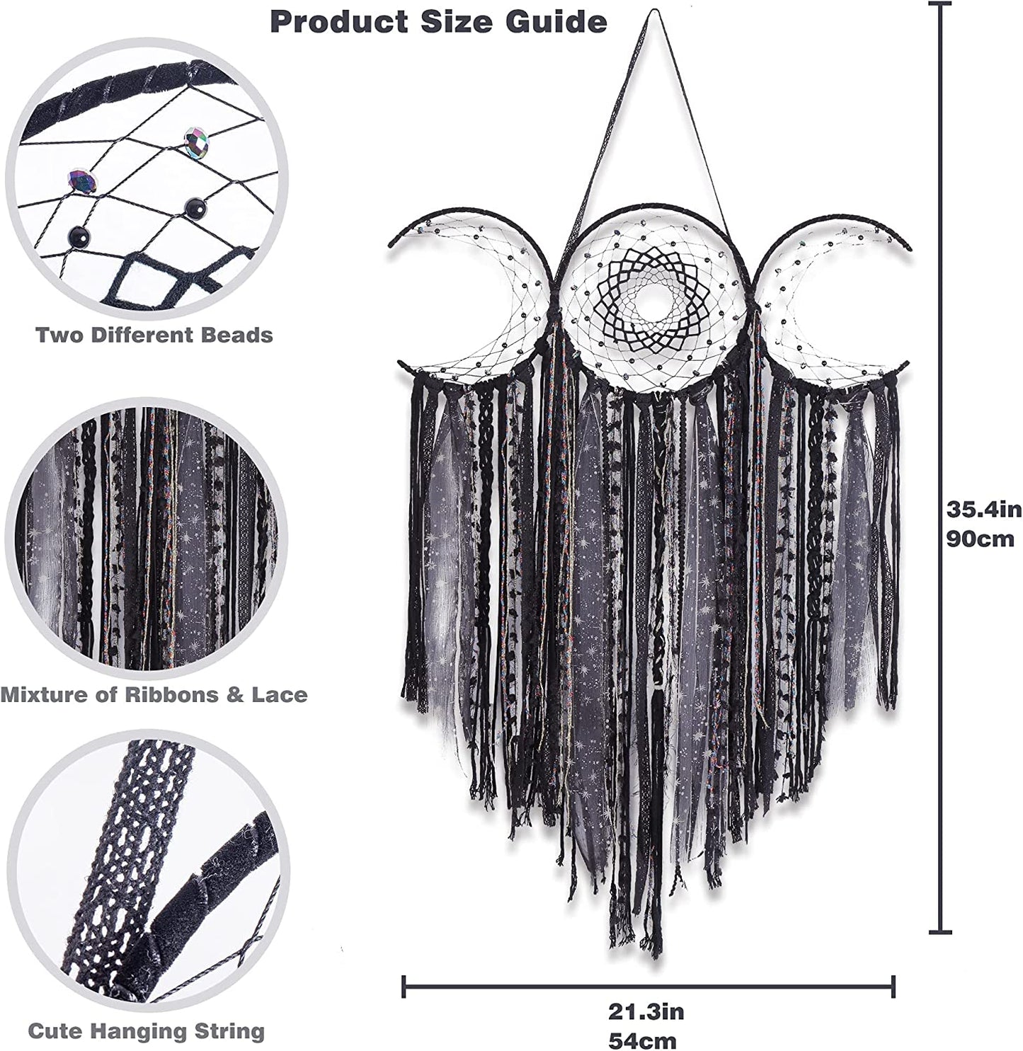 Black Triple Moon Goddess Macrame Wall Hanging, Wicca Crescent Dream Catcher for Witch Home, Dreamcatcher for Bedroom Decoration, Pagan Woven Tapestry for Wiccan Adults Decor
