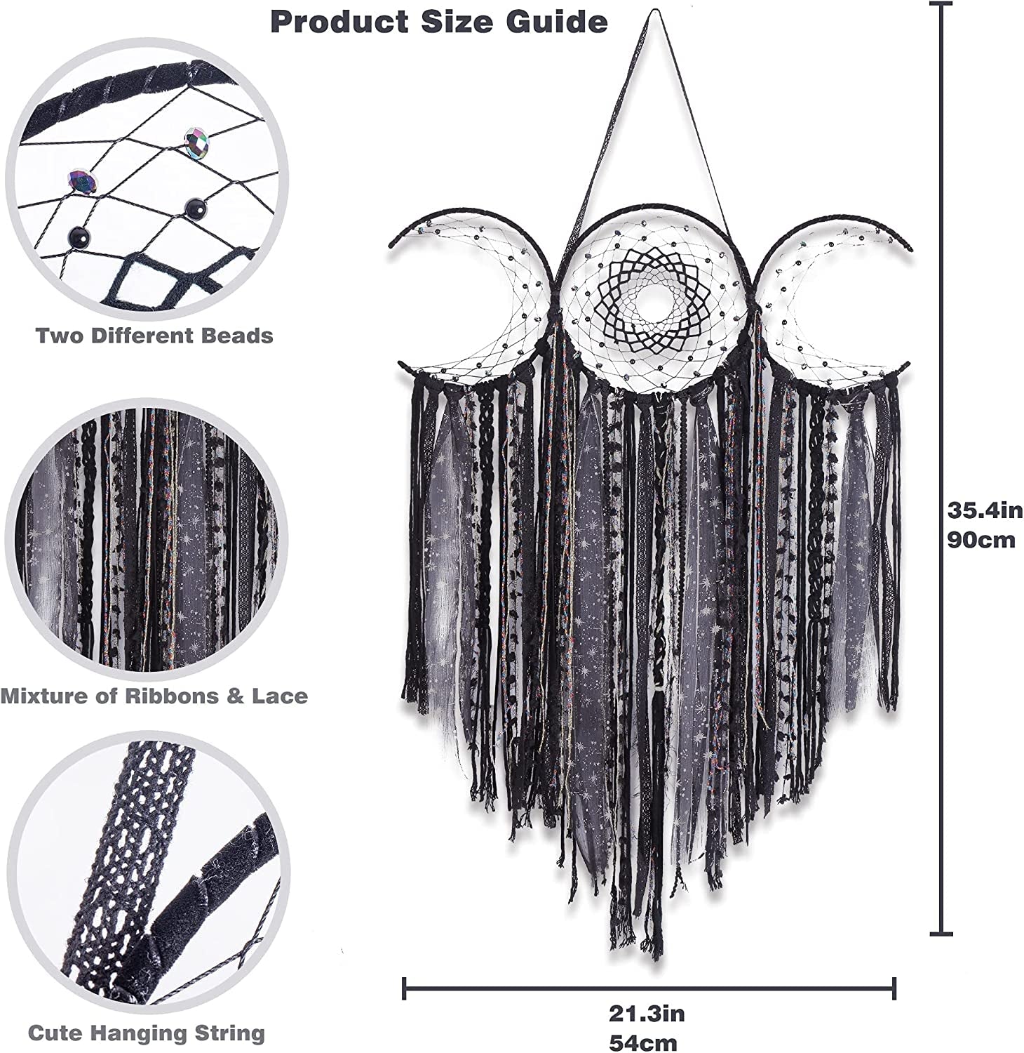 Black Triple Moon Goddess Macrame Wall Hanging, Wicca Crescent Dream Catcher for Witch Home, Dreamcatcher for Bedroom Decoration, Pagan Woven Tapestry for Wiccan Adults Decor