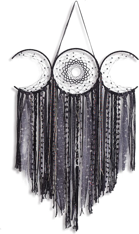 Black Triple Moon Goddess Macrame Wall Hanging, Wicca Crescent Dream Catcher for Witch Home, Dreamcatcher for Bedroom Decoration, Pagan Woven Tapestry for Wiccan Adults Decor