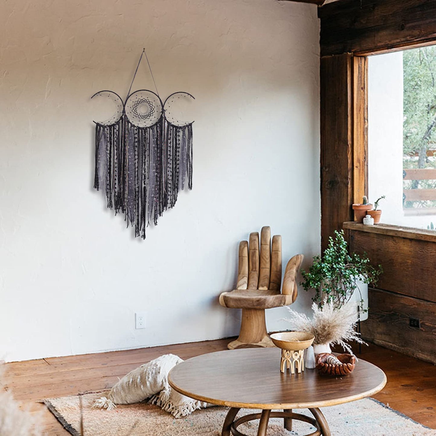 Black Triple Moon Goddess Macrame Wall Hanging, Wicca Crescent Dream Catcher for Witch Home, Dreamcatcher for Bedroom Decoration, Pagan Woven Tapestry for Wiccan Adults Decor