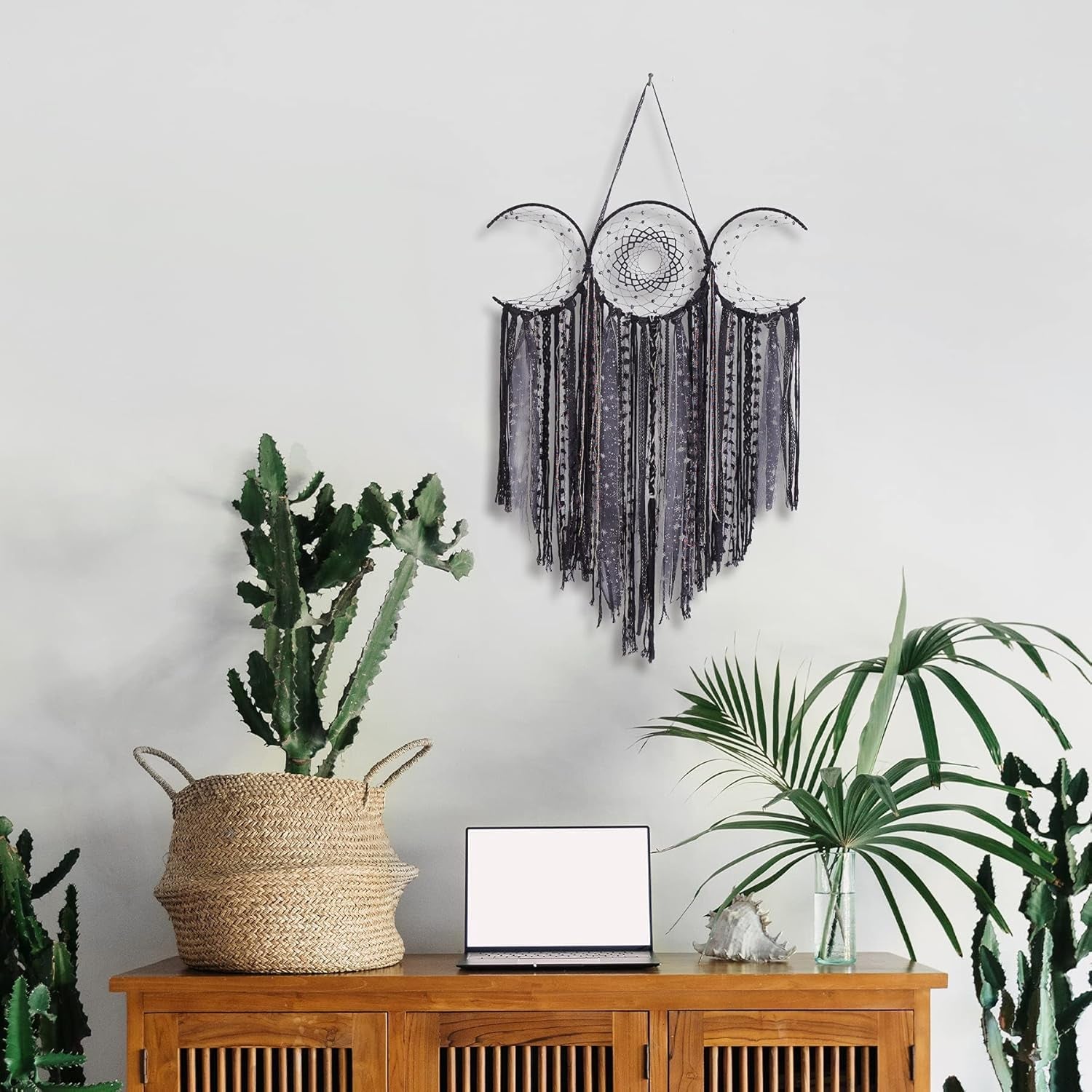 Black Triple Moon Goddess Macrame Wall Hanging, Wicca Crescent Dream Catcher for Witch Home, Dreamcatcher for Bedroom Decoration, Pagan Woven Tapestry for Wiccan Adults Decor