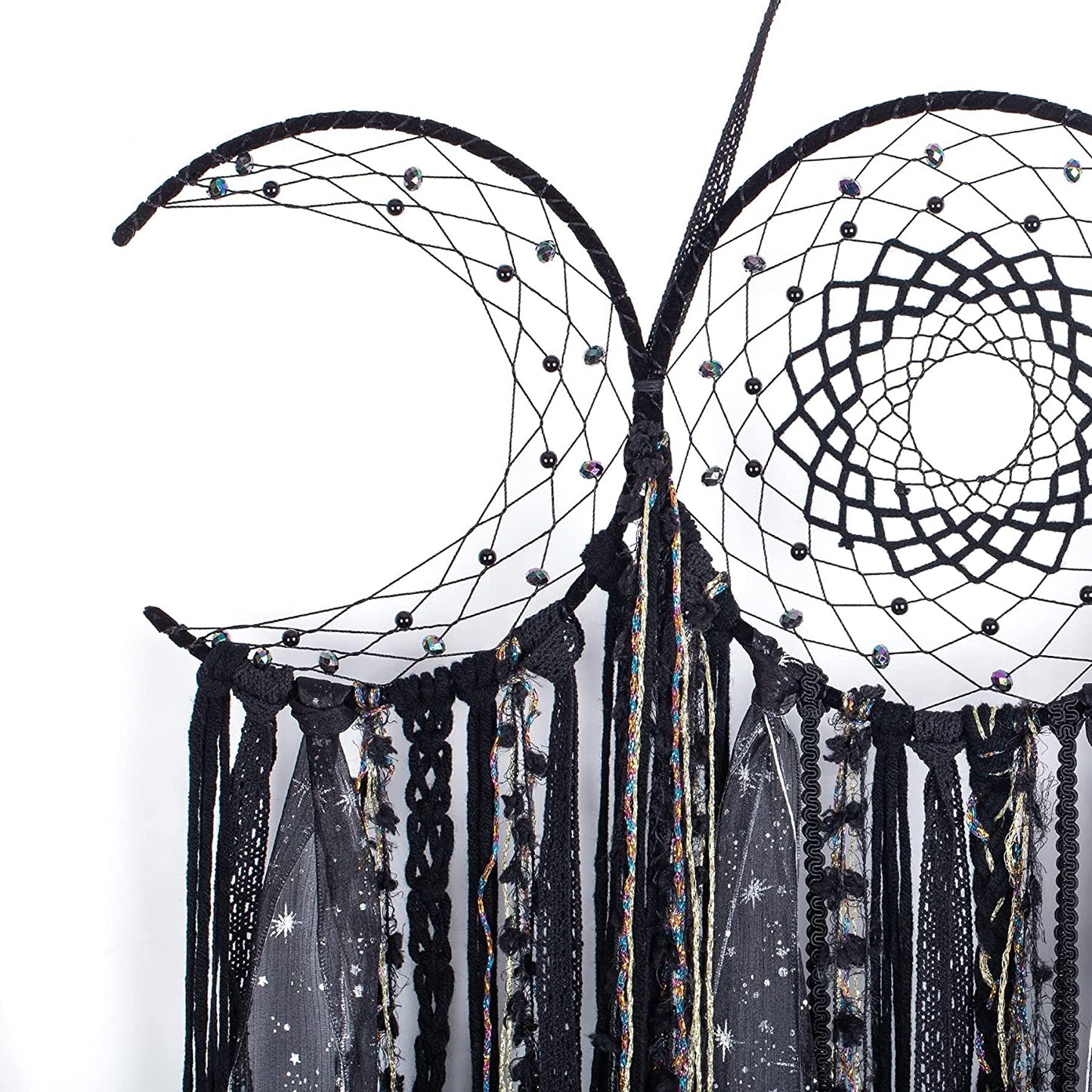 Black Triple Moon Goddess Macrame Wall Hanging, Wicca Crescent Dream Catcher for Witch Home, Dreamcatcher for Bedroom Decoration, Pagan Woven Tapestry for Wiccan Adults Decor