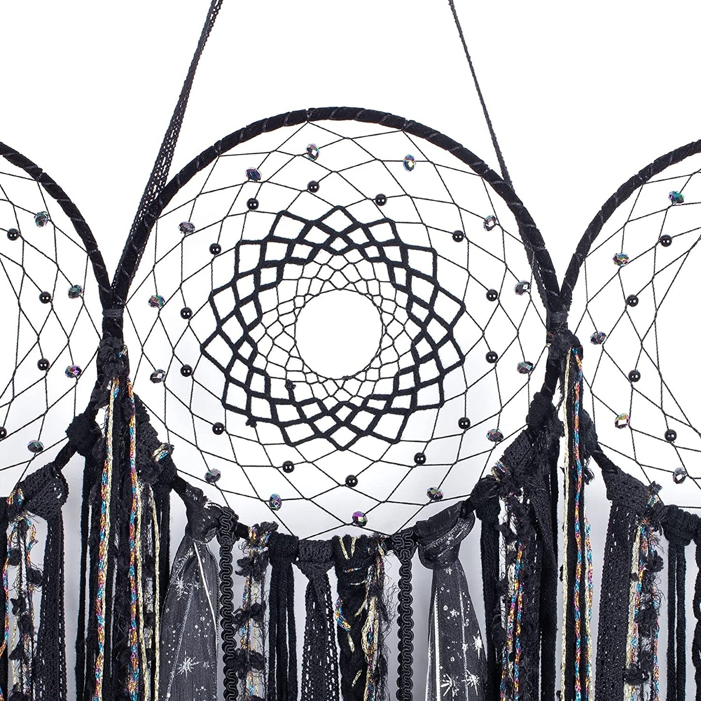 Black Triple Moon Goddess Macrame Wall Hanging, Wicca Crescent Dream Catcher for Witch Home, Dreamcatcher for Bedroom Decoration, Pagan Woven Tapestry for Wiccan Adults Decor