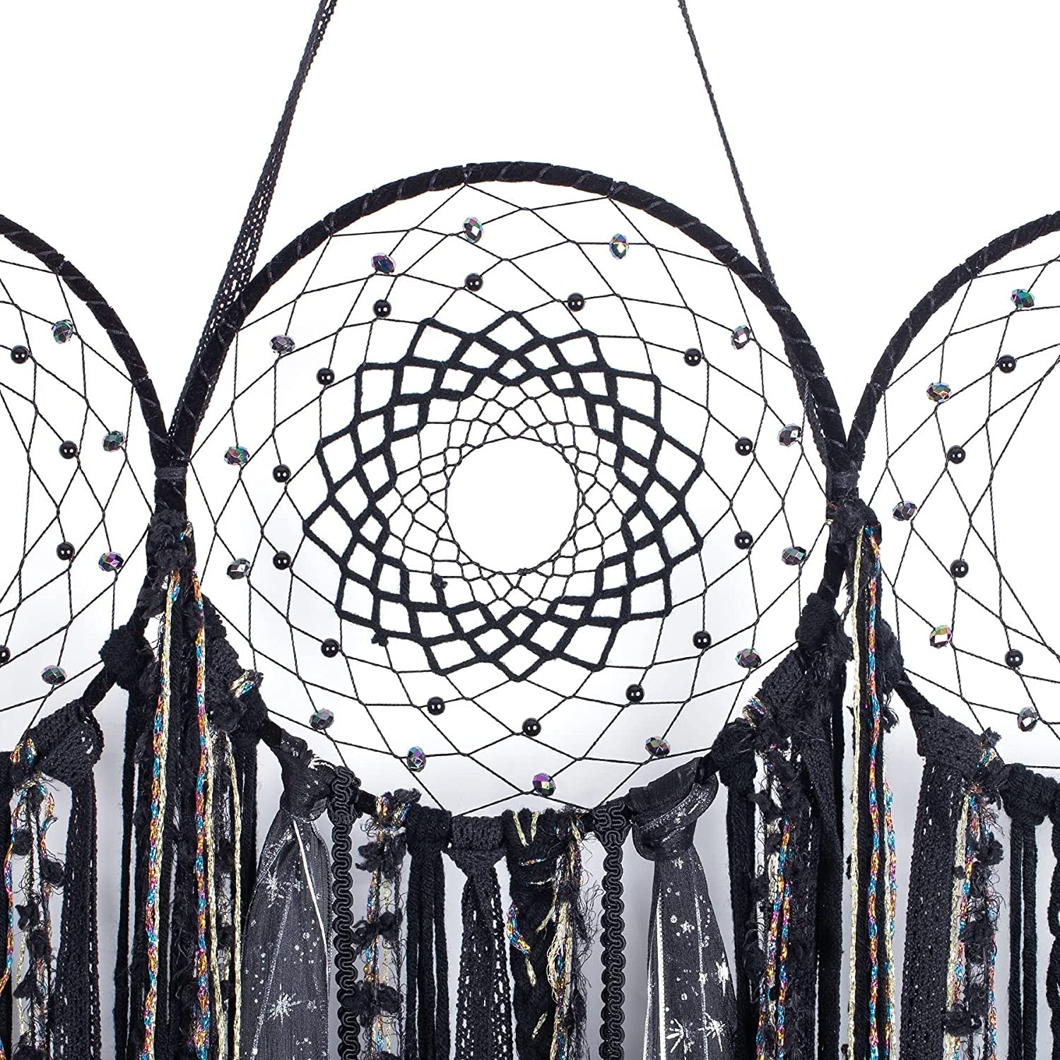 Black Triple Moon Goddess Macrame Wall Hanging, Wicca Crescent Dream Catcher for Witch Home, Dreamcatcher for Bedroom Decoration, Pagan Woven Tapestry for Wiccan Adults Decor